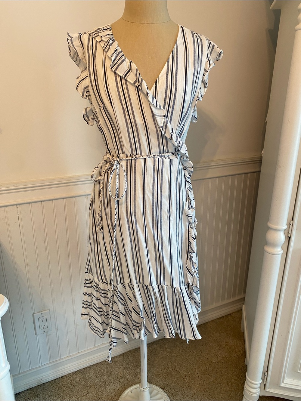 Sleeveless Striped Wrap Midi Dress in White and Navy